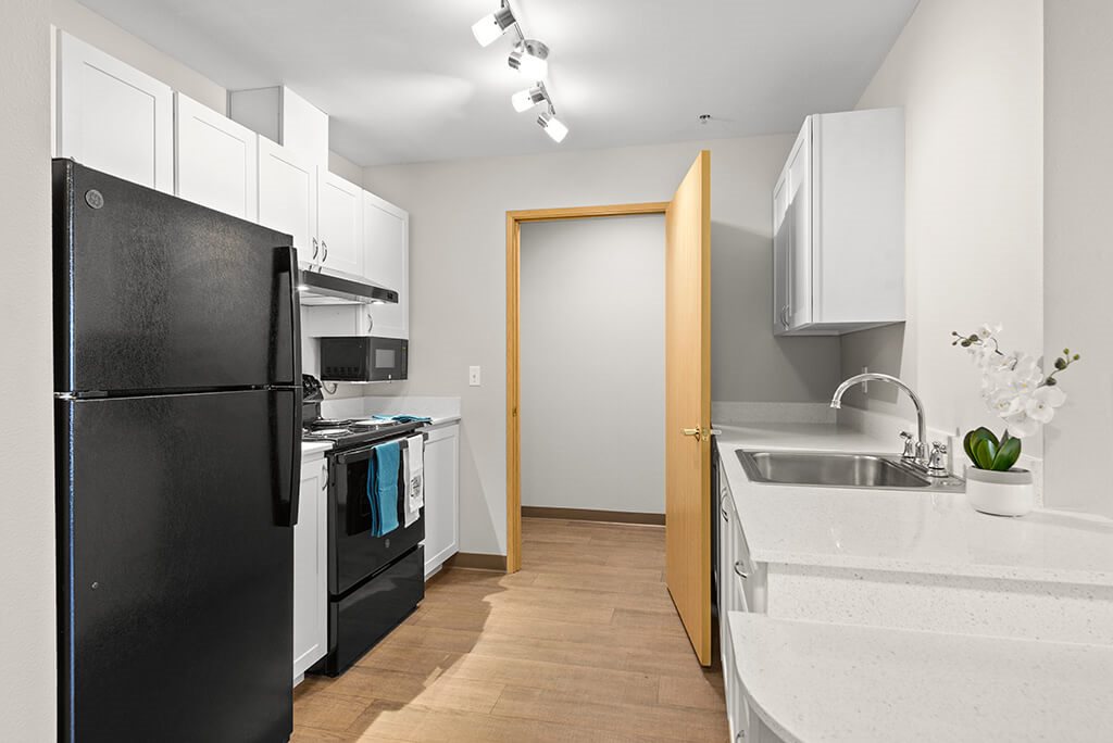 Kitchen cabinets at Meridian Court Apartments in Federal Way WA